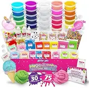 75-Pc Jumbo Mega Slime Kit for Girls 6-12, Premade Slime Pack of DIY Soft, 30 Color Slime Gels, Cloud, Clear, Butter, Glitter, Crunchy, and Glow in Dark Slime Making Kits Toys for Girls & Boys