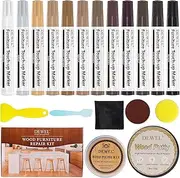 DEWEL Furniture Markers Touch Up Kit, 12 Colors Wood Markers Furniture Repair, Wood Polish Wax and Wood Putty Filler, Wood Stain Pen for Scratches, Stains, Wooden Floor, Table, Cabinet, Bedpost