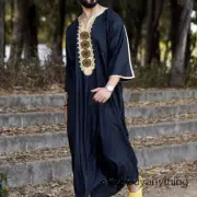 Men's Middle Eastern Clothes Long Sleeve Muslim Islamic Round Neck Flax Kaftan