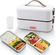 Self Cooking Electric Lunch Box, Portable Food Warmer for Home Office School, 2 Layers 0.8L Mini Rice Cooker Steamer Lunch Box with Removable Stainless Steel Container, Auto Off