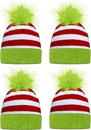 Funnysoft 4 Pack Christmas Green Knit Pom Beanie Hat Winter Warm Hat for Unisex Adults Christmas Holiday Headwear Knitted Pompom Cuff Women Men's Novelty Beanies Warm, Green, Red, White, One Size
