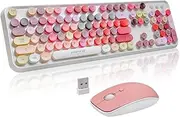 Wireless Keyboard and Mouse Combo - Cute Round Keycaps, Full-Size Retro Typewriter Keyboard with 2.4GHz Plug & Play, for Windows 11/10/7, Laptop, PC, Notebook, Smart TV (White Color)