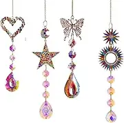 Kawlxpp 4pcs Hanging Cystal Suncatcher for Window with Prisms,Diamond Sun, Star, Butterfly and Heart Charms Rainbow Maker Indoor Outdoor Garden Party Decor