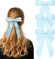 3Pcs Light Blue Hair Bows for Women Double-Layer Long Tail Bow Hair Clip Hair Ribbon Ponytail Holder Hair Accessories for Girls Toddlers