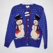 Vintage Orvis Womens Blue Knitted Button Up Long Sleeve Snowmen Cardigan Small