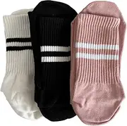 [SQUISHY DOT] 3 Pairs Women Long Pilates Grip Socks, Yoga Socks with Grips, Non Slip Sock, Colorful Cushioned Crew Grippy Socks for Barre Ballet Dance, Exercise Socks