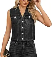 [cffvdiz] Women's Distressed Sleeveless V Neck Button Front Denim Vest Top