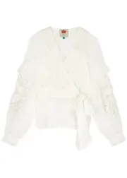 Farm Rio Ruffle-trimmed Cotton Wrap Blouse - Off White - XL (UK16 / XL) XL (UK16 / XL)