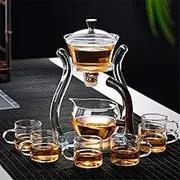 Mozeo Glass Teapot Set Glass Automatic Lazy Tea Set Magnetic Rotating Kungfu Heat-Resistant Teapot Suit with 6pcs Tea Cups (GlasTeapot with 6pcs Bowl)