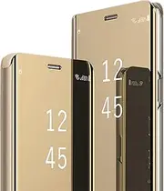 Z Fold 5 Case Compatible for Samsung Galaxy Z Fold5 5G Cell Phone Case with Kickstand, PU Leather, Clear View Mirror Flip Cover Shockproof Protective Cover for Samsung Z Fold 5 5G 7.6-inch (Gold)