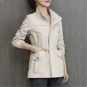 Double Layer Women Windbreaker Spring Autumn Short Coat Fashion Plus Size Stand-Up Collar Ladies Jacket beige L