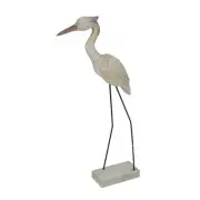 20 Inch Hand Carved Wood & Metal Heron Sculpture White Wash Finish Coastal Art