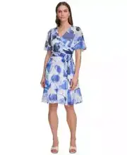 DKNY Petite Printed Flutter-Sleeve Tie-Waist Chiffon Dress Women's 8P Blue/White