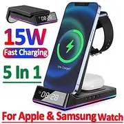 5 In 1 15W Foldable Wireless Charger Stand RGB Dock LED Clock Fast Charging Station for iPhone Samsung Galaxy Watch 5/4 S22 S21