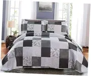 King Floral & Plaid Patchwork Quilt Set - Lightweight Reversible Bedspread -