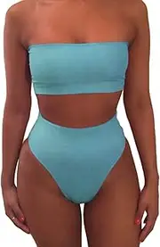 [VamJump] Women's Removable Strap Bandeau Top High Cut Cheeky Bikini Set Swimsuit
