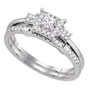 14k White Gold Princess Diamond Halo Bridal Engagement Ring Set 1/3 Cttw