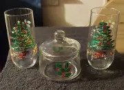 HOLIDAY GLASSWARE SET:(2) 12 OZ CHRISTMAS TREE GLASSES & HOLLY LEAVES CANDY DISH