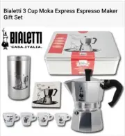 Bialetti 3 Cup Moka Express Stovetop Espresso Maker 11 Piece Gift Set. 4 Cups