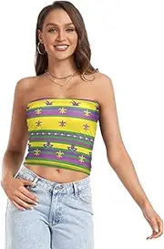 [GuoChe] Women's Crop Tops Mardi Gras Striped Purple Carnival Royal Lily Gold Comfy Bando Bra Women Shirt Crop Top for Lady