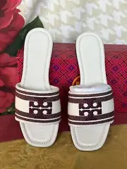 TORY BURCH ASH WHITE / VINO DOUBLE T JACQUARD SLIDE SANDAL/US 10M/$228