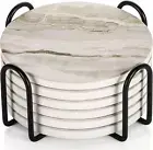 LIFVER Coasters Set of 6, Coasters for Drinks Absorbent Stone with Holder, Black