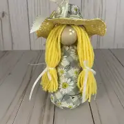 Spring Gnome Girl Yellow Daisy Shelf Sitter Tiered Tray Decor Easter Whimsical