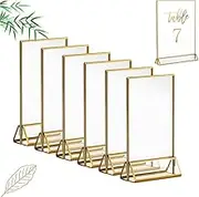 6 Pack Acrylic Gold Sign Holders,4x6 Inch Clear Picture Frames with Gold Borders ,Double Sided Table Menu Display Stand for Restaurant Signs,Wedding Table Menu Recipe Cards Photo Display