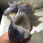 Natural Geode Agate Quartz Crystal Hand-carved unicorn 290gF408