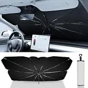 OtriFowd Tesla Model Y & Tesla Model 3 Windshield Sun Shade Umbrella, Retractable Sunshades for Front Window Block UV Rays Heat Keep Cool Protect Interior Easy Installation and Storage