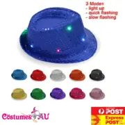 Mens LED Sequin Trilby Hat Light Up Flashing Jazz Ladies Dance Gangster Costume