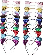 [Outanaya] 22 Pcs Sequin Cat Ears Headband for Colorful Hair Accessories for Parties Events and Cosplay Cute Elastic Design for Women