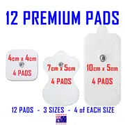 TENS EMS MACHINE ELECTRODE PADS - 12 PADS - 3 SIZES - 4 of EACH SIZE