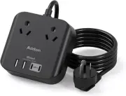 Black Power Board, 2-Outlet Power Strip, Powerboard with 4 USB Charging Ports