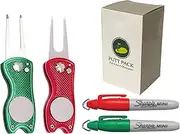 The PUTT PACK DOUBLE DIVOT PACK - Red & Green Golf Divot Tool with Magnetic Ball Marker, Switchblade Foldable Divot Repair Tools, Pitch Mark Repairer, Genuine Mini Sharpies, Golf Equipment Accessories