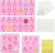 XIACIBDUS Pack of 4 Silicone Lollipop Moulds, Chocolate Candy Moulds, Reusable Lollipop Silicone Moulds with 100 Ribbons, 100 Lollipop Sticks, 100 Pack Bags for Lollipops, Jelly and Chocolate
