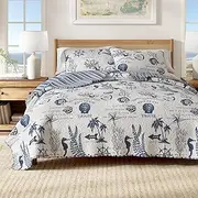 Great Bay Home Full/Queen Coastal Quilt Bedding Set, Summer Coastal Quilt with Shams, Beach 3-Piece Reversible All Season Bedspread Quilt Set. Lightweight Nautical Quilted Coverlet, Navy