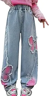 [AOWKULAE] Girls Jeans Elastic Waist Wide Leg Pants Kids Jeans 4-14 Years