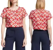 BODEN Top Women’s US 16 UK 20 Red Floral Silk Blend Carey Short Sleeve Keyhole