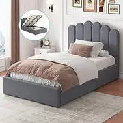 ALFORDSON Bed Frame Base with Gas Lift Storage King Single Size Milton Series with Bed Head, Mattress Topper Platform Foundation with Linen Fabric Upholstery for Bedroom, Fabric Grey