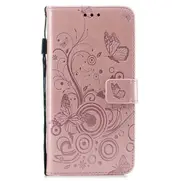For Galaxy A40 Butterflies Love Flowers Pattern Horizontal Flip Leather Case with Holder & Card Slots & Wallet & Lanyard(Rose Gold)