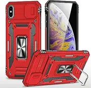 Ylzhe for XS Max iPhone Case, Military Grade Drop Protection, with Slide Camera Cover 360° Kickstand Ring Holder, Phone Case for i Phone Xs Max Case Red