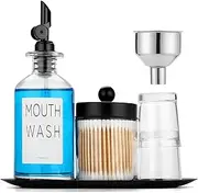 Glass Mouthwash Cup Sets - 11.8OZ Mouthwash Dispenser for Bathroom with Cups &Tray Funnel - Glass Mouth Wash Container Bottle with Qtip Holder - Black