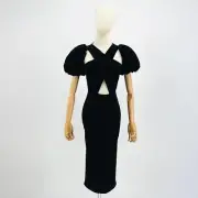 NEW Christopher Kane Black Micky Velvet Dress Large Puff Sleeves Cut Outs Size S