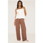 Chocolate Linen Blend Drawstring Tie Straight Leg Pants, Chocolate