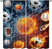 Boys Sports Kids Curtains for Bedroom, Fire Basketball Football Soccer 3D Ball Window Treatments for Living Room,Teen Boys Girls Room Decor Drapes 2 Panel Sets,42x45 Inch