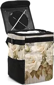 Car Trash Can with Lid,Bag Hanging Storage Pockets Leak-Proof,Portable Garbage Bin,Vintage Flowers Blooms
