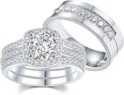 [CEJUG] 1.8Ct Couple Bridal Ring Sets Wedding Rings for Women & Mens Titanium Engagement Bands Stainless Steel Cz Him His Hers