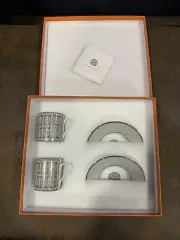 Hermes Africa Porcelain Set Of 2 Teacups With Saucers