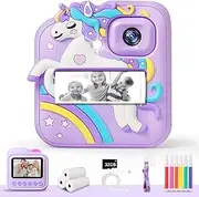 Kids Camera Instant Print, 48MP&1080P Kids Digital Camera with Silicone Cover & 3 Rolls Print Paper DIY Pens & 32G Card, Christmas Birthday Gifts for 4 5 6 7 8 9 10 11 12 Years Old Girls Boys, Purple